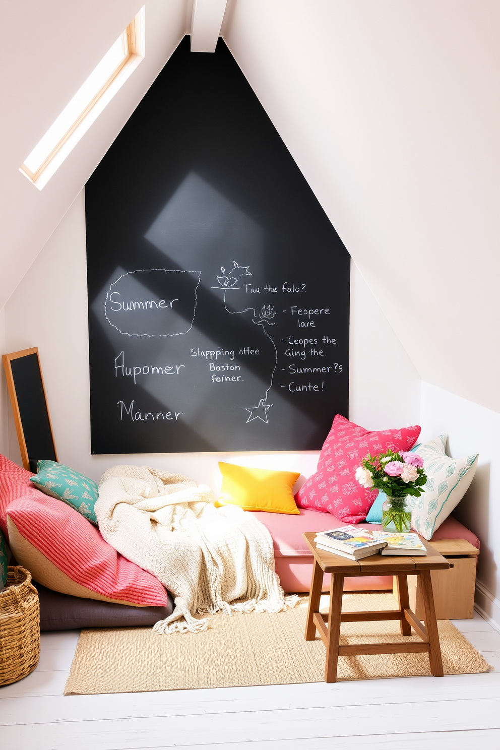 A charming summer attic space filled with natural light. The walls are painted in a soft white, and one wall features a large chalkboard for creative drawings and notes. Cozy seating is arranged with colorful cushions and a lightweight throw blanket. A small wooden table sits nearby, adorned with fresh flowers and a couple of summer-themed books.