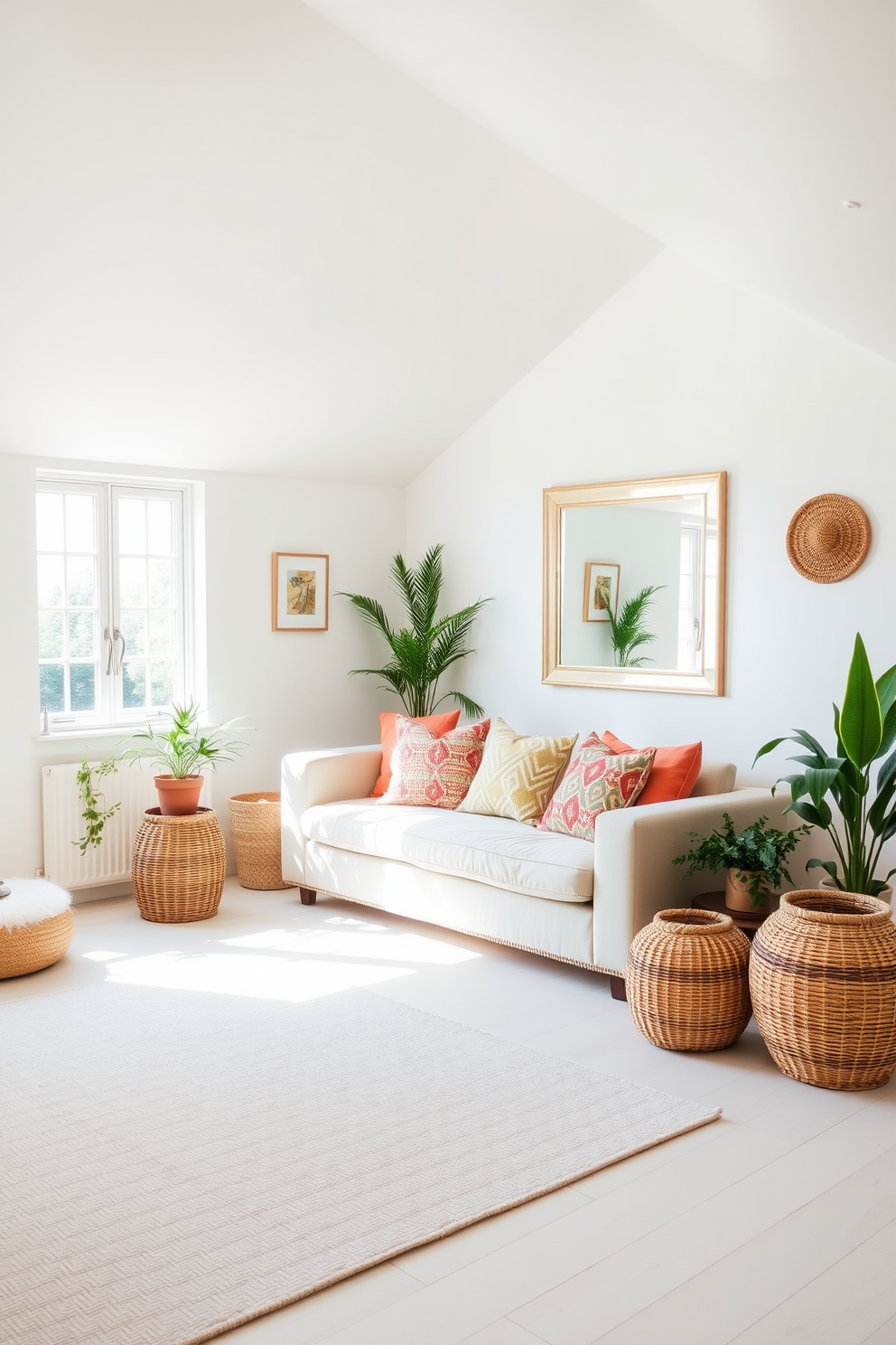 A bright and airy summer attic space filled with natural light. The walls are painted a soft white, and large windows let in sunlight, creating a warm atmosphere. In the center of the room, a cozy seating area features a plush sofa adorned with colorful throw pillows. A large mirror hangs on the opposite wall, reflecting the light and enhancing the open feel of the space. Decorative elements include potted plants and woven baskets that add a touch of greenery and texture. The floor is covered with a light, patterned rug that complements the overall aesthetic.