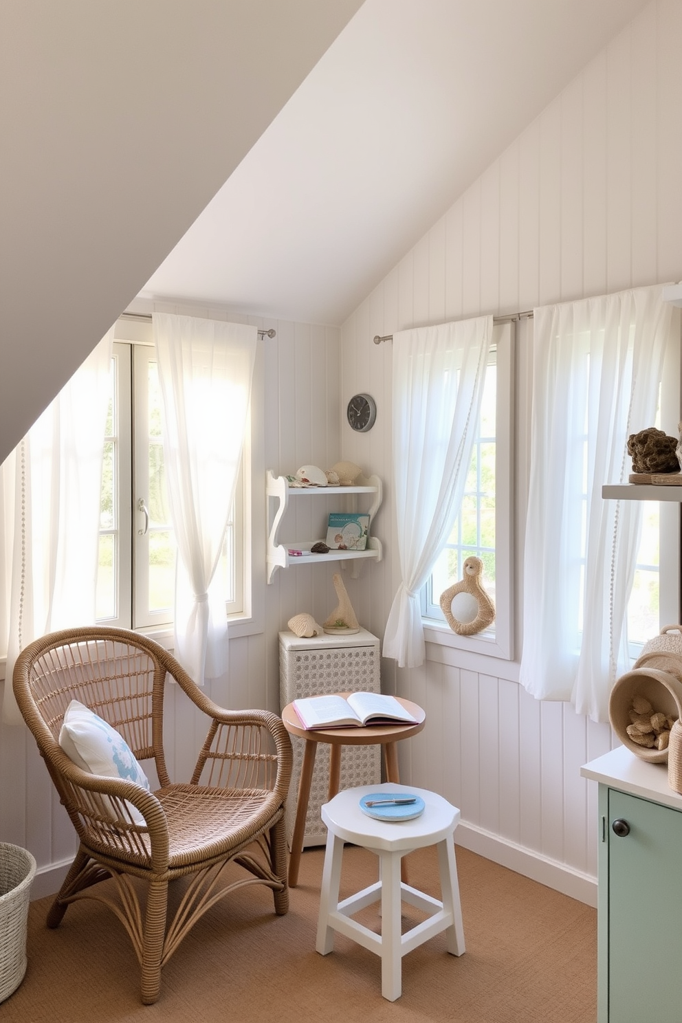 A cozy summer attic space filled with beach-themed decor elements. Soft pastel colors dominate the walls, while natural light floods in through large windows adorned with sheer white curtains. A comfortable seating area features a rattan chair and a small wooden table, perfect for enjoying a book. Nautical accents like seashells and driftwood are tastefully arranged on shelves, creating a relaxed coastal vibe.