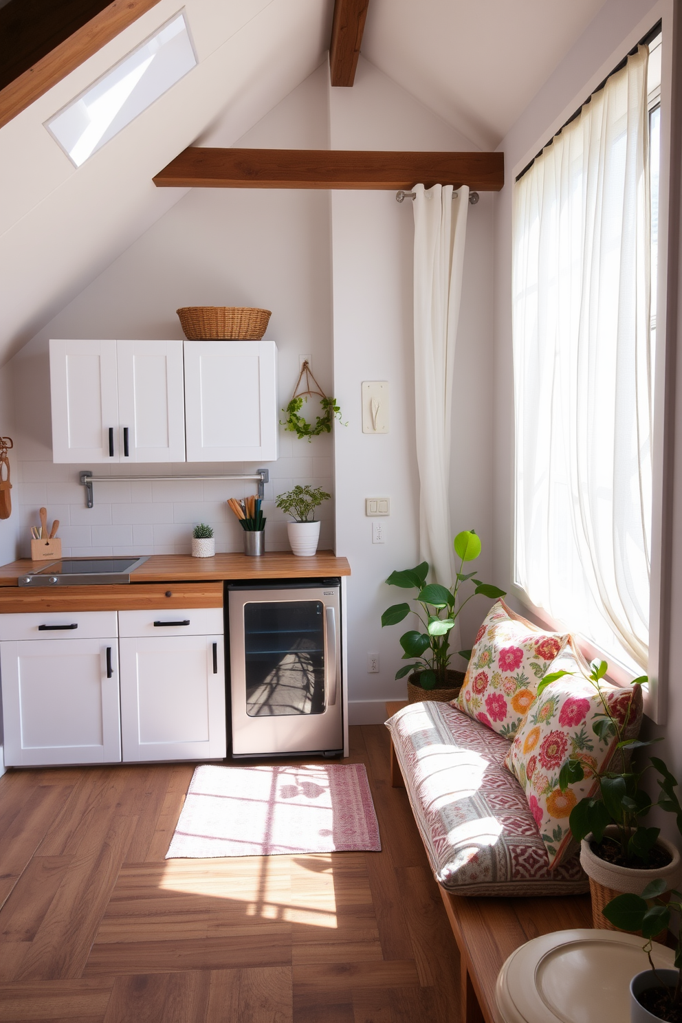 A charming summer attic setting. The space features a small kitchenette with sleek white cabinets and a compact fridge, complemented by a rustic wooden countertop. Natural light floods in through a large window adorned with sheer curtains. Cozy seating with colorful cushions invites relaxation, while potted plants add a touch of greenery.