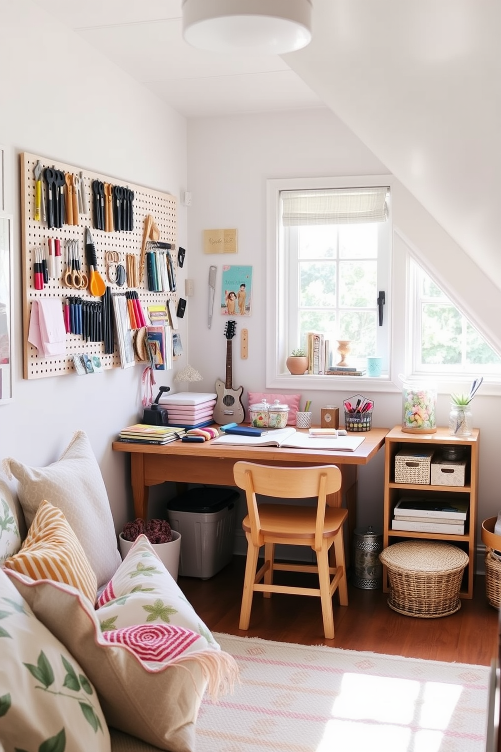 A cozy craft corner filled with natural light. There is a large wooden table covered with colorful supplies and a pegboard on the wall displaying tools and materials. Summer attic decorating ideas featuring bright pastel colors and light fabrics. The space includes a comfortable seating area with cushions and a small bookshelf filled with summer-themed books and decor.