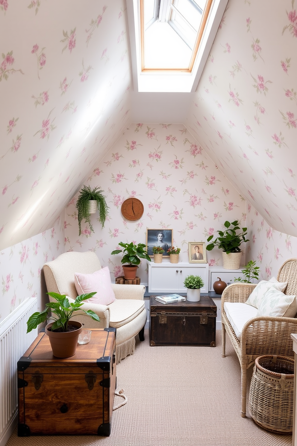 A charming summer attic decorated with removable wallpaper that features a light floral pattern. The space is filled with cozy seating options, including a plush armchair and a small wicker loveseat, creating a perfect reading nook. Natural light streams in through a skylight, illuminating the soft pastel colors of the furnishings. Decorative elements include a vintage trunk used as a coffee table and potted plants that add a touch of greenery to the space.