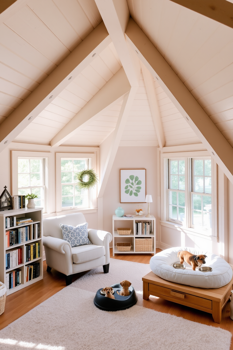 A cozy summer attic space designed for relaxation and play. The room features a comfortable reading nook with a plush armchair and a small bookshelf filled with summer-themed novels. In one corner, a pet area is created with a soft dog bed and stylish pet bowls. Natural light floods the space through large windows, illuminating the light wood beams and pastel-colored decor.