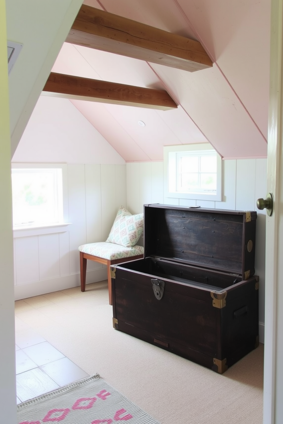 A charming summer attic space features a vintage trunk used for storage, adding character and functionality. The walls are adorned with soft pastel colors, and natural light streams in through a small window, creating a warm and inviting atmosphere.