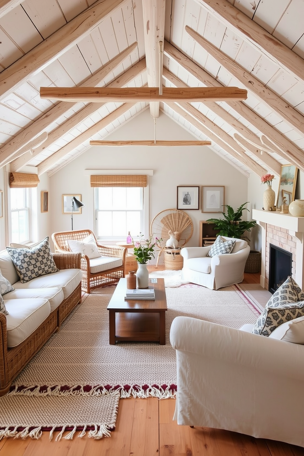 Layered rugs create a warm and inviting atmosphere in a living space. The combination of different textures and patterns adds depth and visual interest to the room. Summer attic decorating ideas bring a fresh and airy feel to the space. Light-colored furnishings and natural materials enhance the cozy, relaxed vibe of a summer retreat.