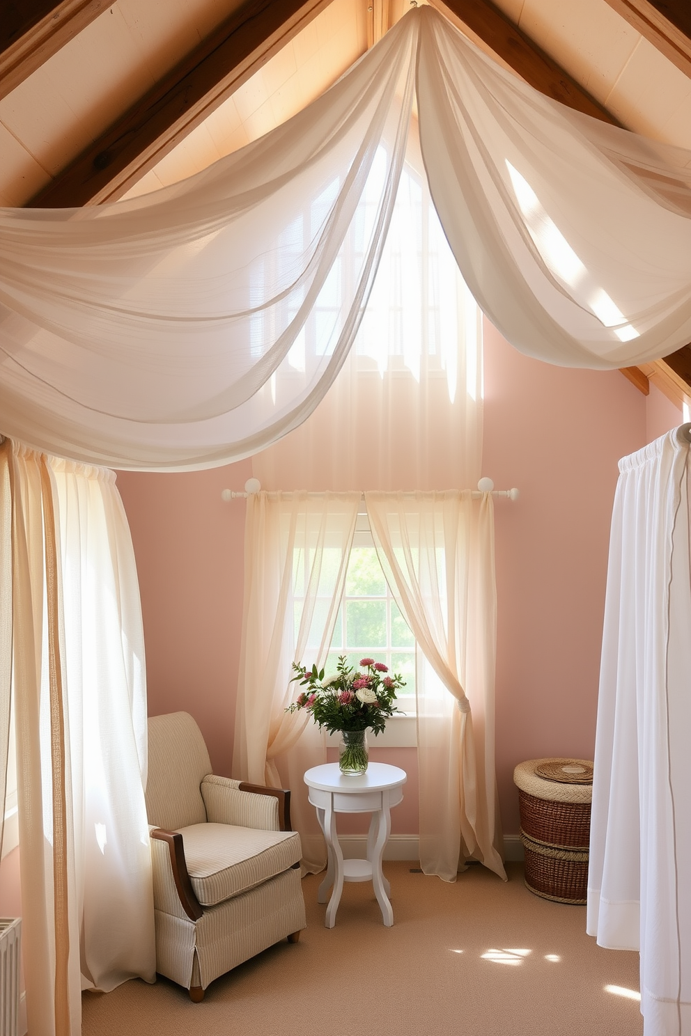 A cozy summer attic space filled with natural light. Lightweight sheer curtains flutter gently in the warm breeze, creating a relaxed and airy atmosphere. The walls are painted in a soft pastel hue, complementing the rustic wooden beams. A comfortable seating area features a vintage armchair and a small side table adorned with fresh flowers.