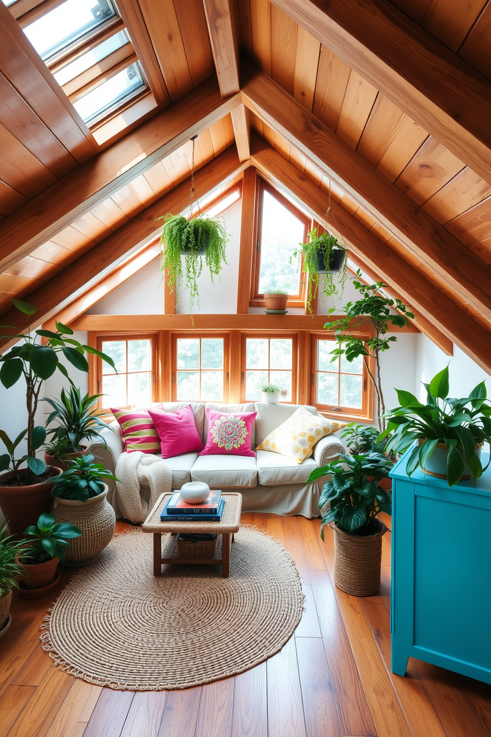 A cozy summer attic space filled with natural light. The room features a comfortable seating area with a plush sofa and colorful throw pillows, surrounded by potted indoor plants that add a touch of greenery. Wooden beams line the ceiling, enhancing the rustic charm of the attic. A small coffee table sits in the center, adorned with a stack of books and a decorative bowl, while a woven rug adds warmth to the wooden floor.