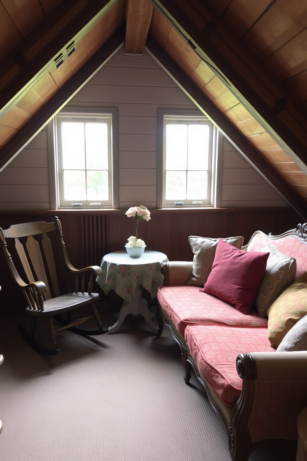 A cozy summer attic filled with vintage furniture creates a charming character. The space features a weathered wooden rocking chair next to a small round table adorned with a floral tablecloth. A collection of mismatched cushions adds a pop of color to a vintage sofa, inviting relaxation. Soft, natural light filters through the gabled windows, highlighting the rustic wooden beams overhead.