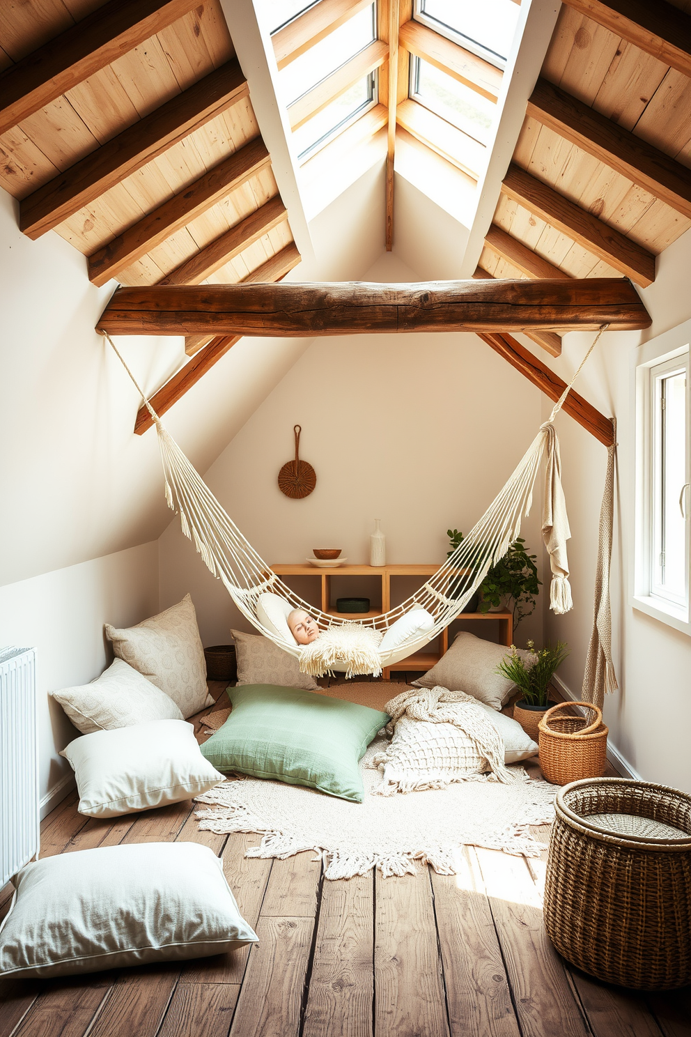 A cozy summer attic space designed for relaxation features a comfortable hammock suspended between two wooden beams. Soft, natural light filters through the skylights, illuminating the rustic wooden floor and the surrounding decor. The walls are adorned with light pastel colors, creating a serene atmosphere. Plush cushions and throws are scattered around the hammock, inviting you to unwind and enjoy the peaceful ambiance.