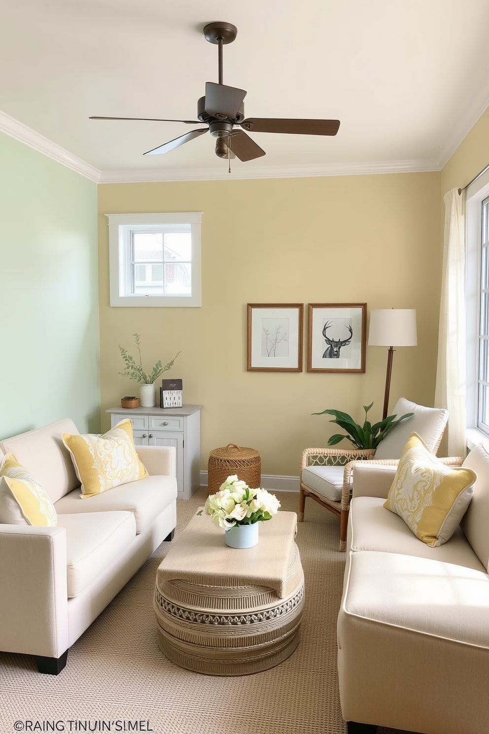 A cozy summer basement retreat filled with natural light. The walls are painted in soft pastel shades of mint green and pale yellow, creating a refreshing atmosphere. Plush seating options in light fabrics are arranged around a small coffee table. Decorative cushions in coordinating pastel colors add comfort and style to the space.