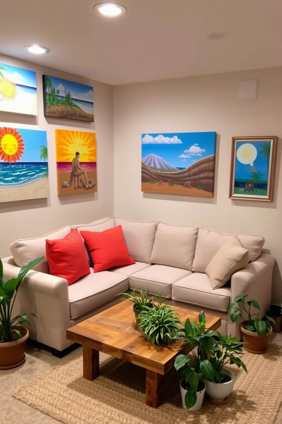 A cozy summer-themed basement setting. The walls are adorned with vibrant artwork depicting beach scenes and sunny landscapes, creating a cheerful atmosphere. In the corner, a comfortable seating area features a light-colored sectional sofa with bright throw pillows. A small coffee table made of reclaimed wood sits in front, surrounded by potted plants to bring a touch of nature indoors.