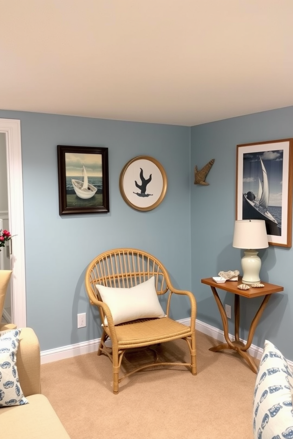 A cozy basement retreat inspired by beach aesthetics. Light blue walls evoke the calm of the ocean, while sandy beige furnishings create a relaxed atmosphere. In the corner, a rattan chair is paired with a small driftwood side table. Nautical-themed artwork adorns the walls, and seashell accents are scattered throughout the space.