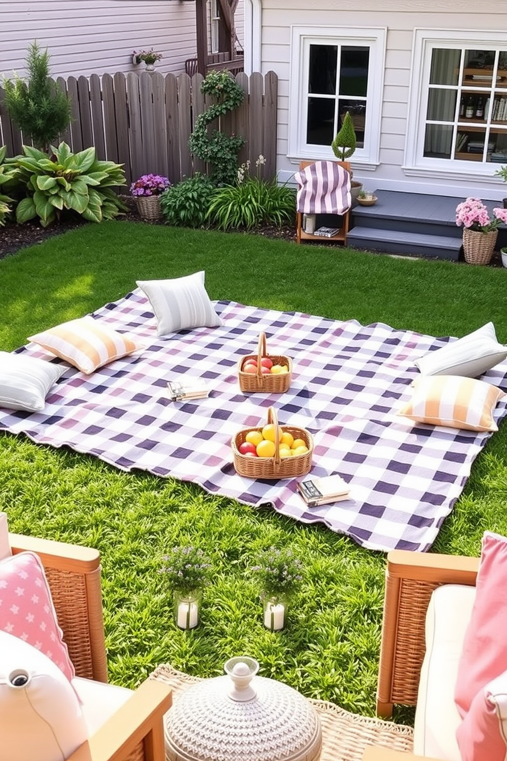 Create a charming picnic area featuring a large checkered blanket spread across a grassy lawn. Surround the blanket with colorful cushions and a wicker basket filled with fresh fruits and snacks. Design a cozy summer basement that incorporates light pastel colors and soft textures. Include comfortable seating options, a small bar area, and decorative plants to enhance the inviting atmosphere.