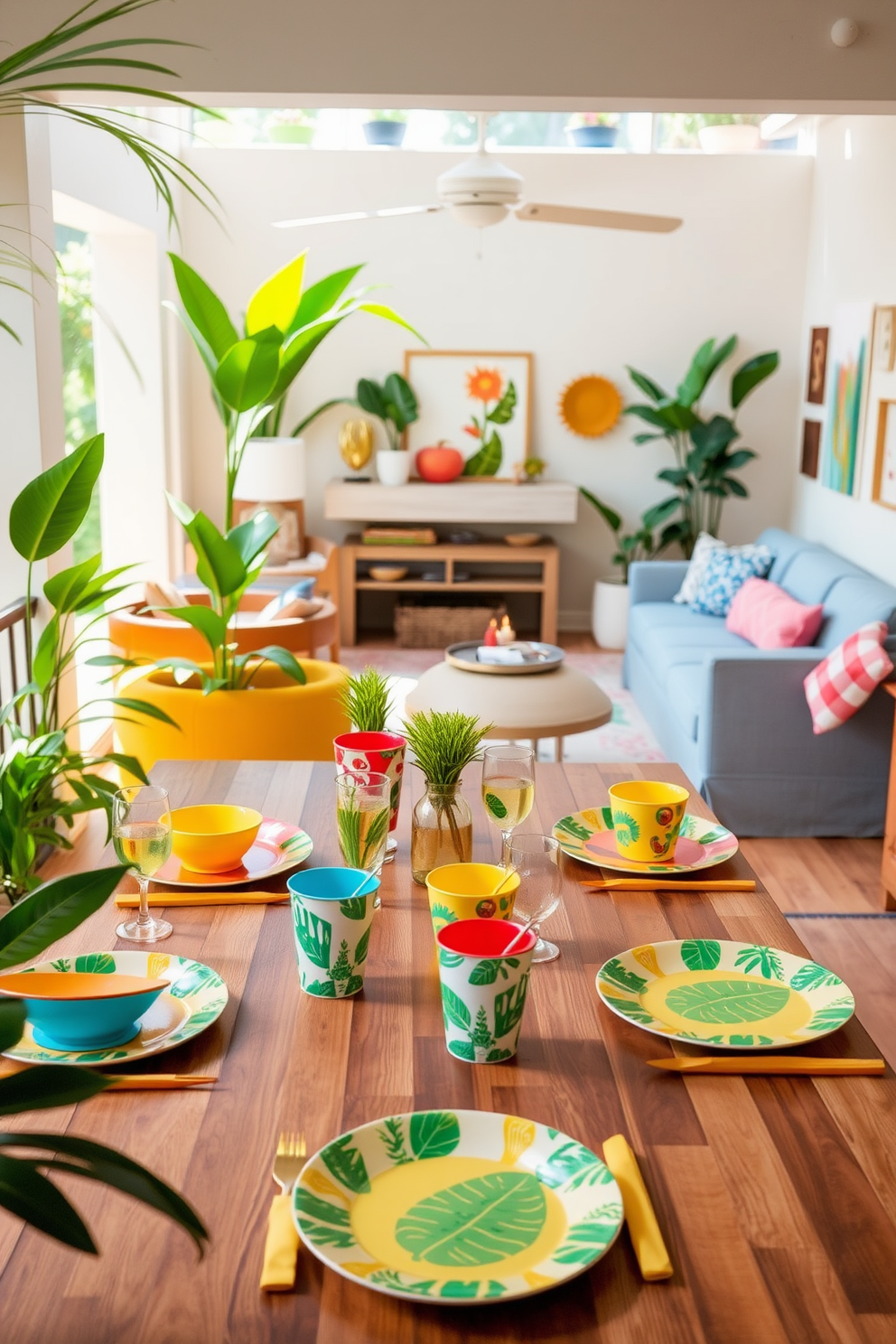 A vibrant summer dining scene featuring fun tableware with colorful patterns and tropical motifs. The table is set with bright plates, matching cups, and cheerful napkins, surrounded by lush greenery and sunlit decor. A cozy summer basement retreat designed for relaxation and entertainment. The space is adorned with light-colored furniture, playful cushions, and artful wall decor, creating an inviting atmosphere perfect for gatherings.