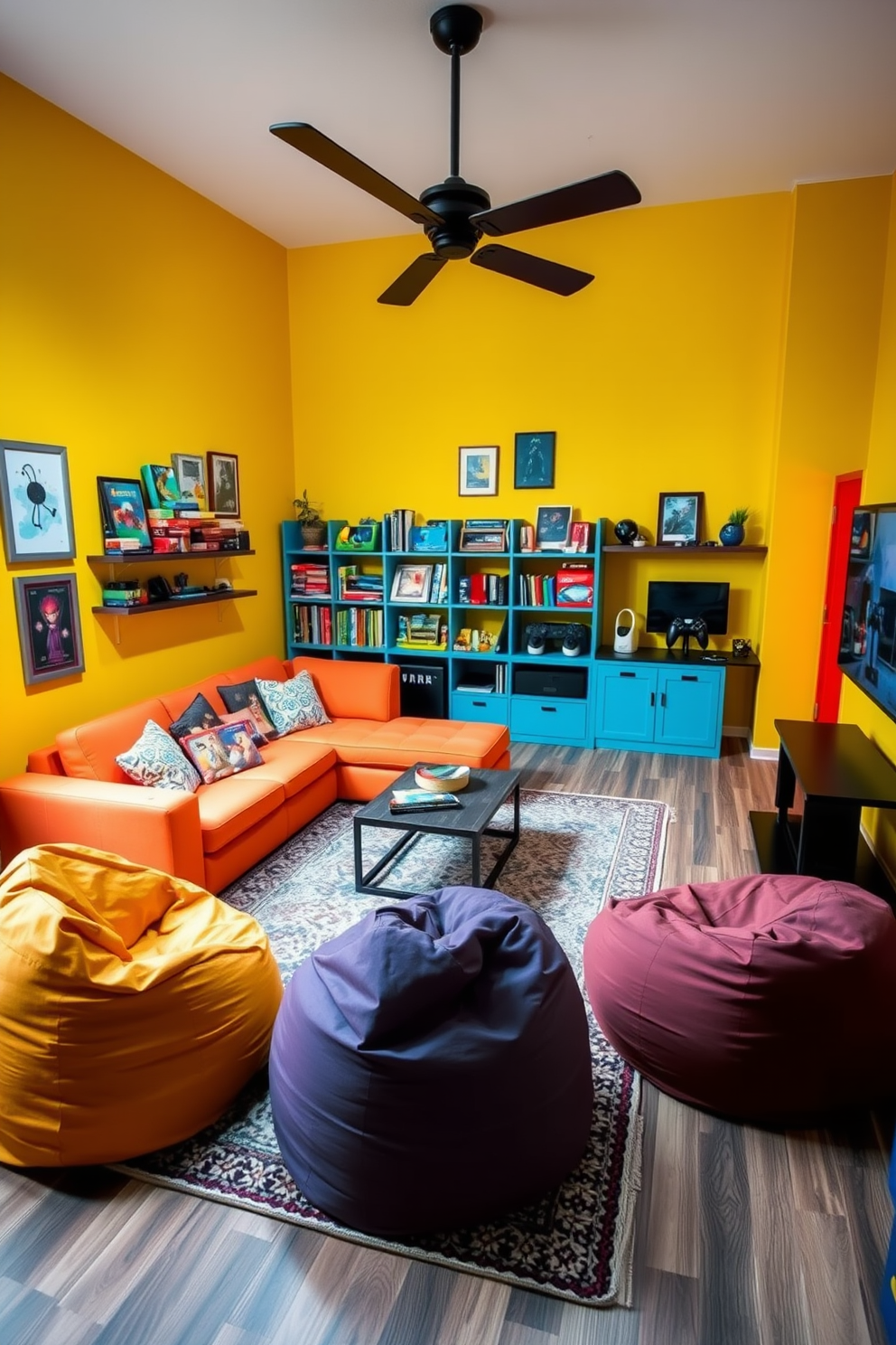 A vibrant game area designed for family fun. The space features a large sectional sofa in bright colors, surrounded by a coffee table and bean bag chairs for comfortable seating. The walls are painted in a cheerful yellow hue, adorned with playful artwork and shelves filled with board games. A cozy rug anchors the area, and a dedicated gaming corner includes a console setup with a large screen for video games.