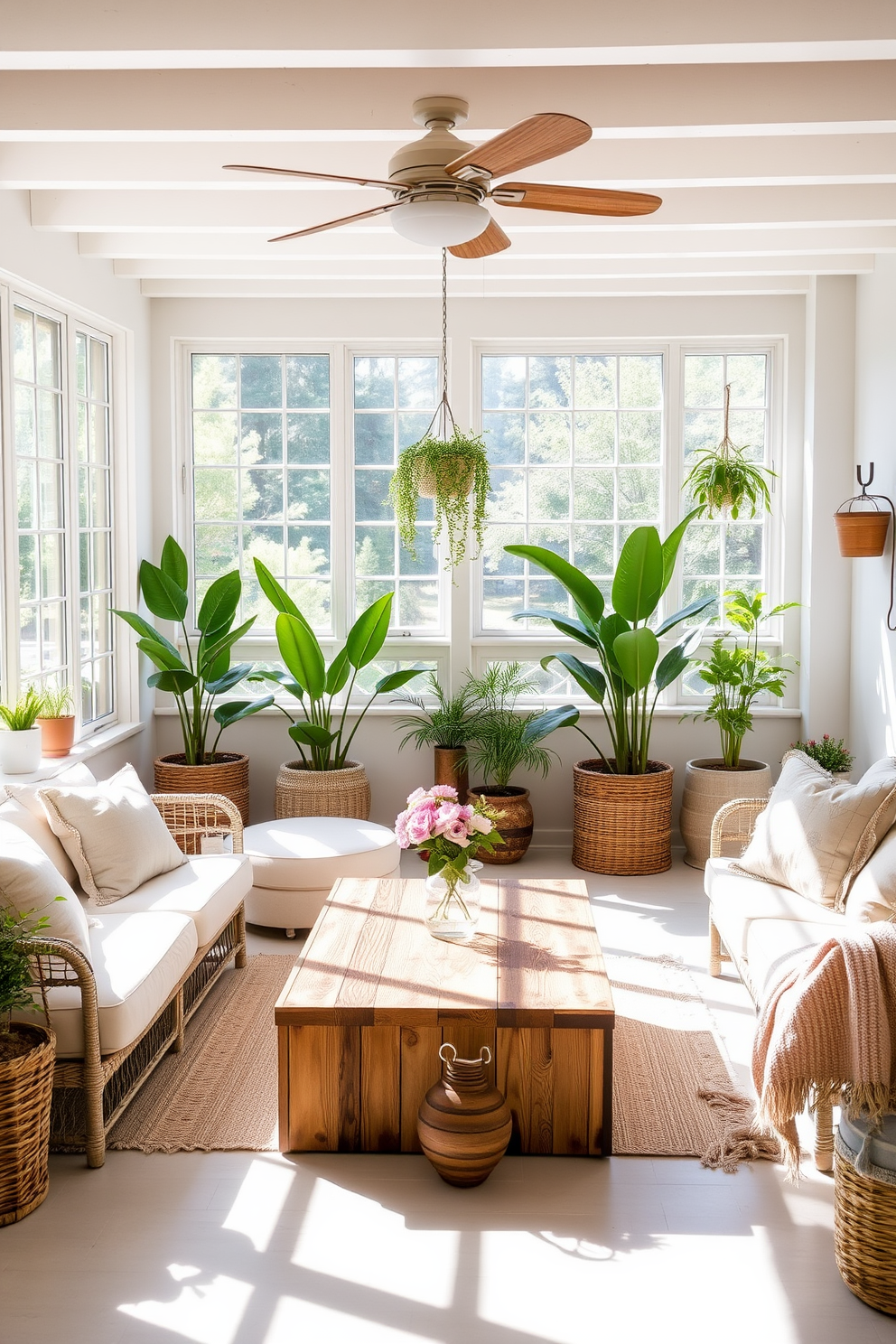 A bright and airy basement designed for summer relaxation. Large windows allow natural light to flood the space, creating a warm and inviting atmosphere. The room features comfortable seating with light-colored cushions and a coffee table made of reclaimed wood. Decor elements include vibrant indoor plants and soft textiles that enhance the seasonal feel.