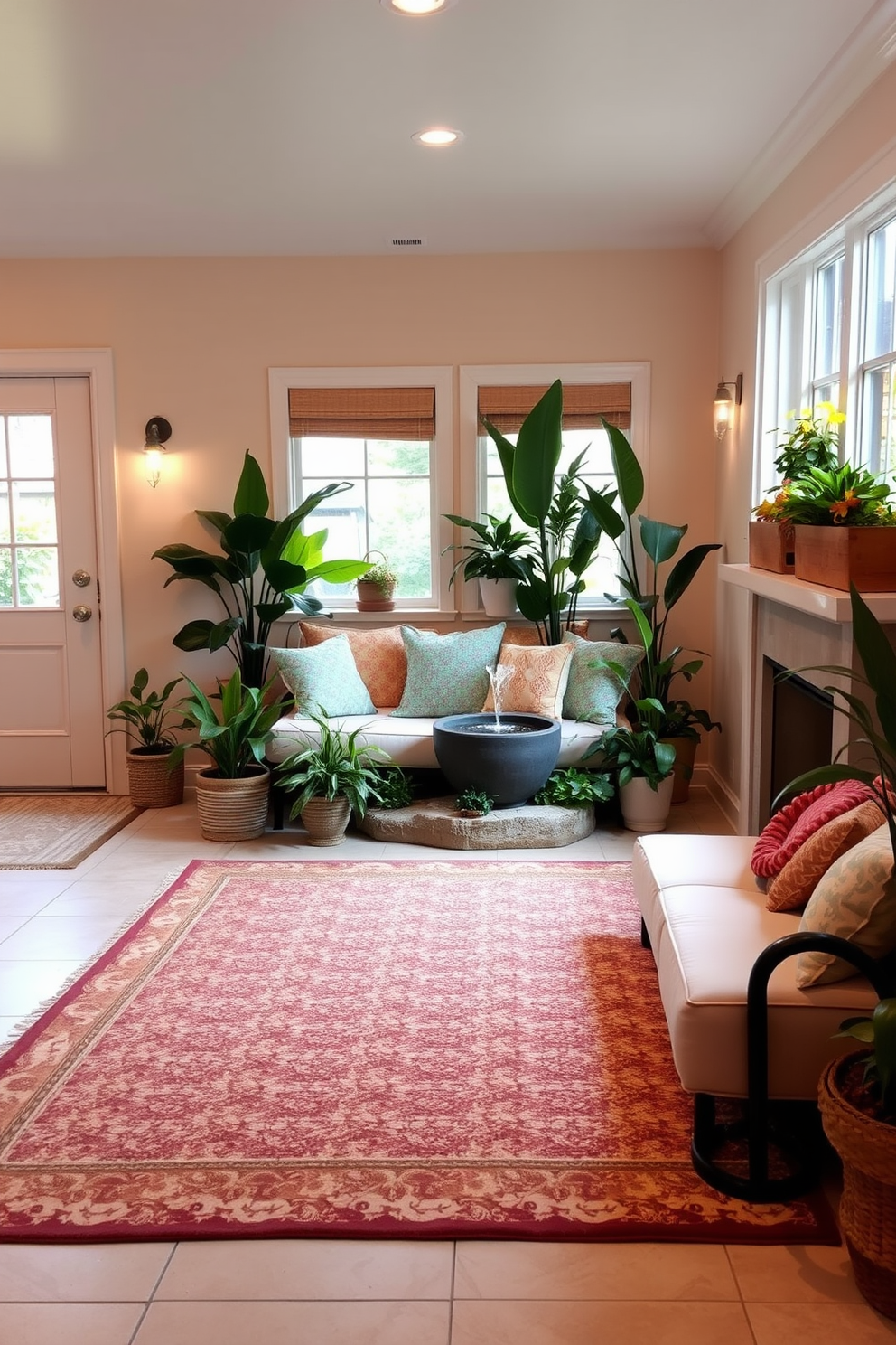 A cozy summer basement retreat with soft ambient lighting. The space features a comfortable sectional sofa adorned with colorful cushions and a large area rug that adds warmth to the room. In the corner, a small indoor fountain creates a soothing sound, surrounded by lush potted plants. The walls are painted in a light, airy color, and large windows let in natural light, enhancing the inviting atmosphere.