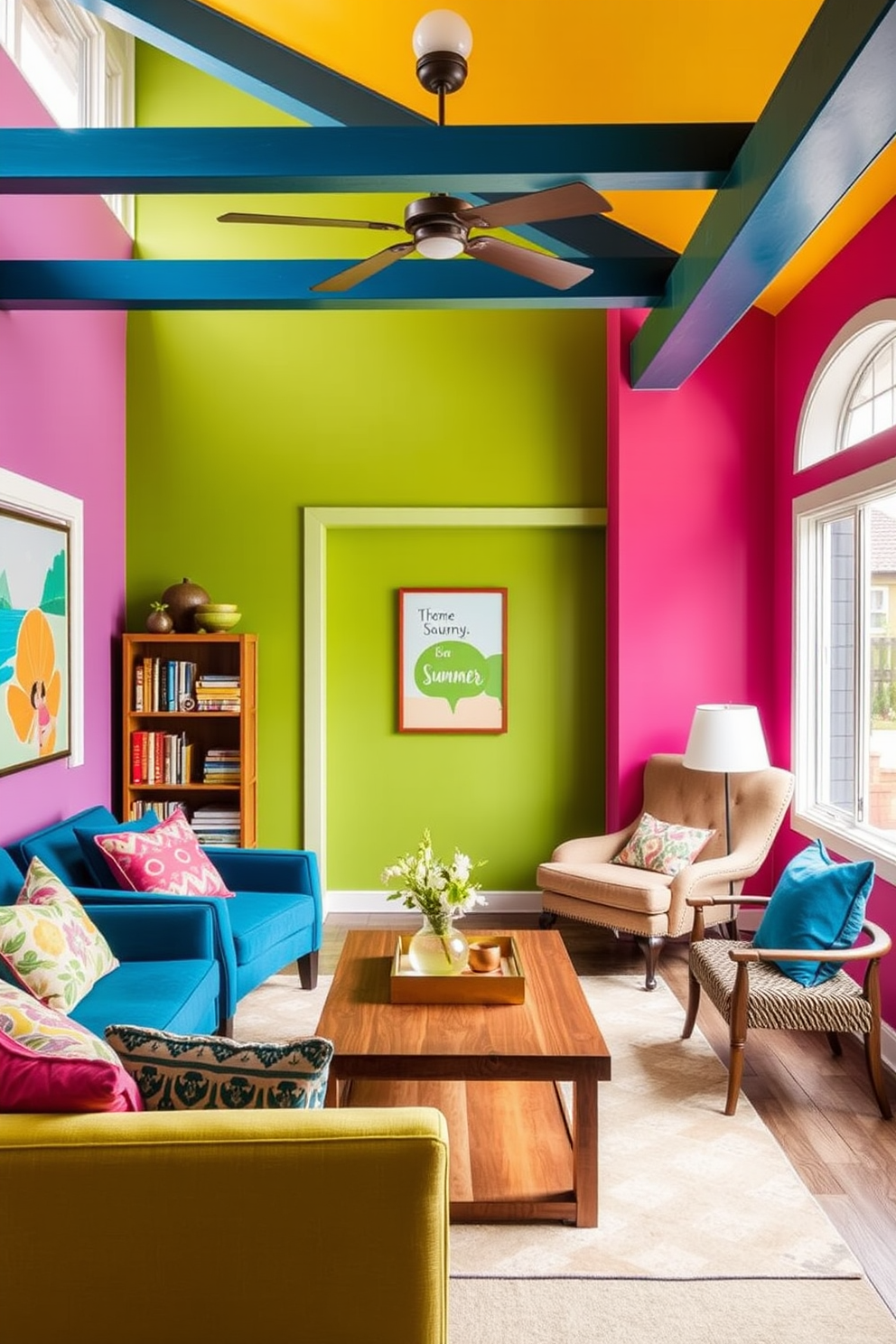 A vibrant basement space featuring bright colored accent walls that add a playful touch to the overall design. The decor includes comfortable seating arrangements with colorful cushions and a stylish coffee table at the center. In one corner, a cozy reading nook is created with a plush armchair and a small bookshelf filled with summer-themed novels. Large windows allow natural light to flood the room, enhancing the cheerful atmosphere and inviting a sense of relaxation.