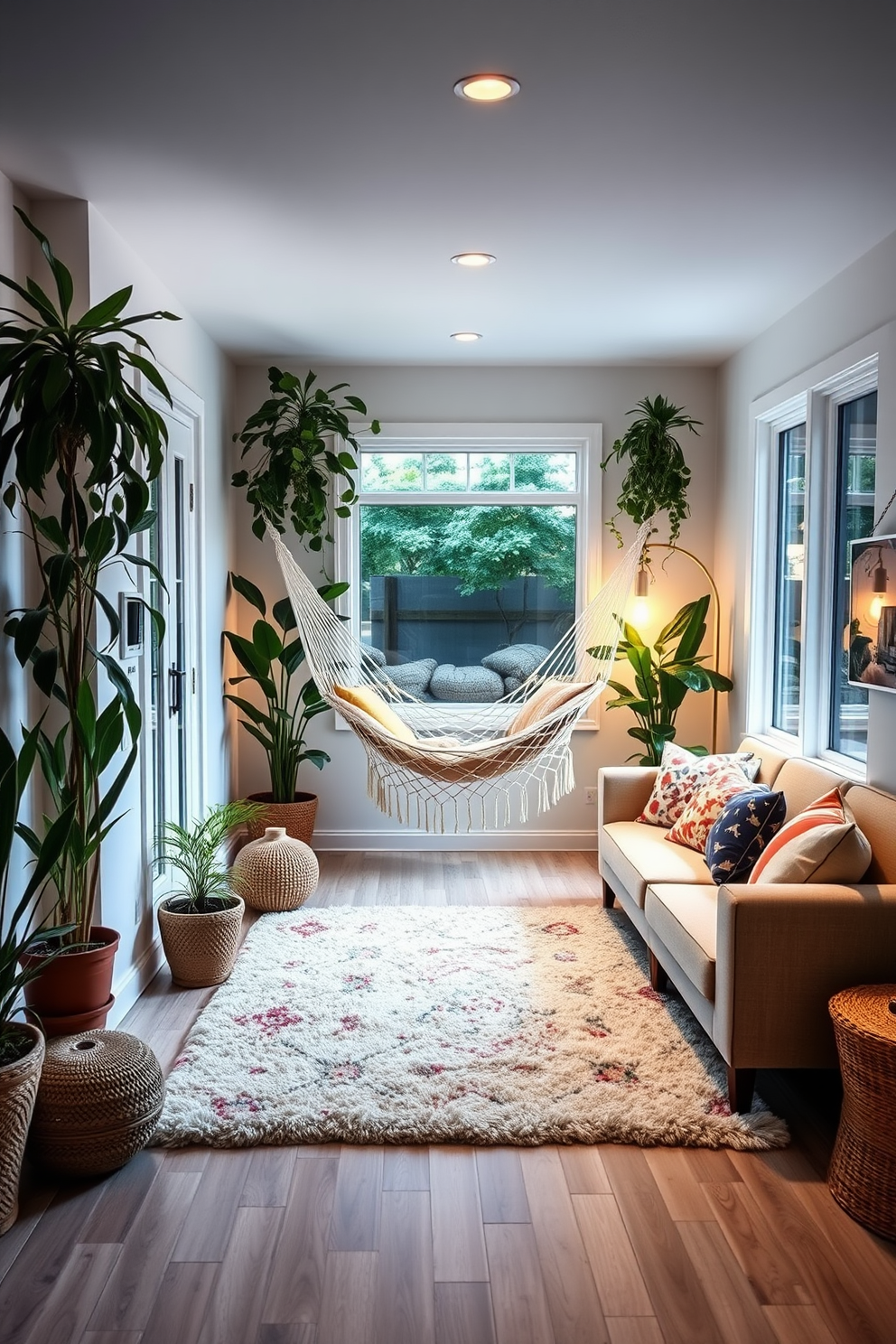 A cozy summer basement retreat designed for relaxation. The space features a comfortable hammock suspended between two walls, surrounded by lush potted plants and soft ambient lighting. A plush area rug defines the seating area, which includes a sectional sofa adorned with colorful throw pillows. The walls are painted in a light, airy color, and large windows allow natural light to flood the space, creating a cheerful atmosphere.