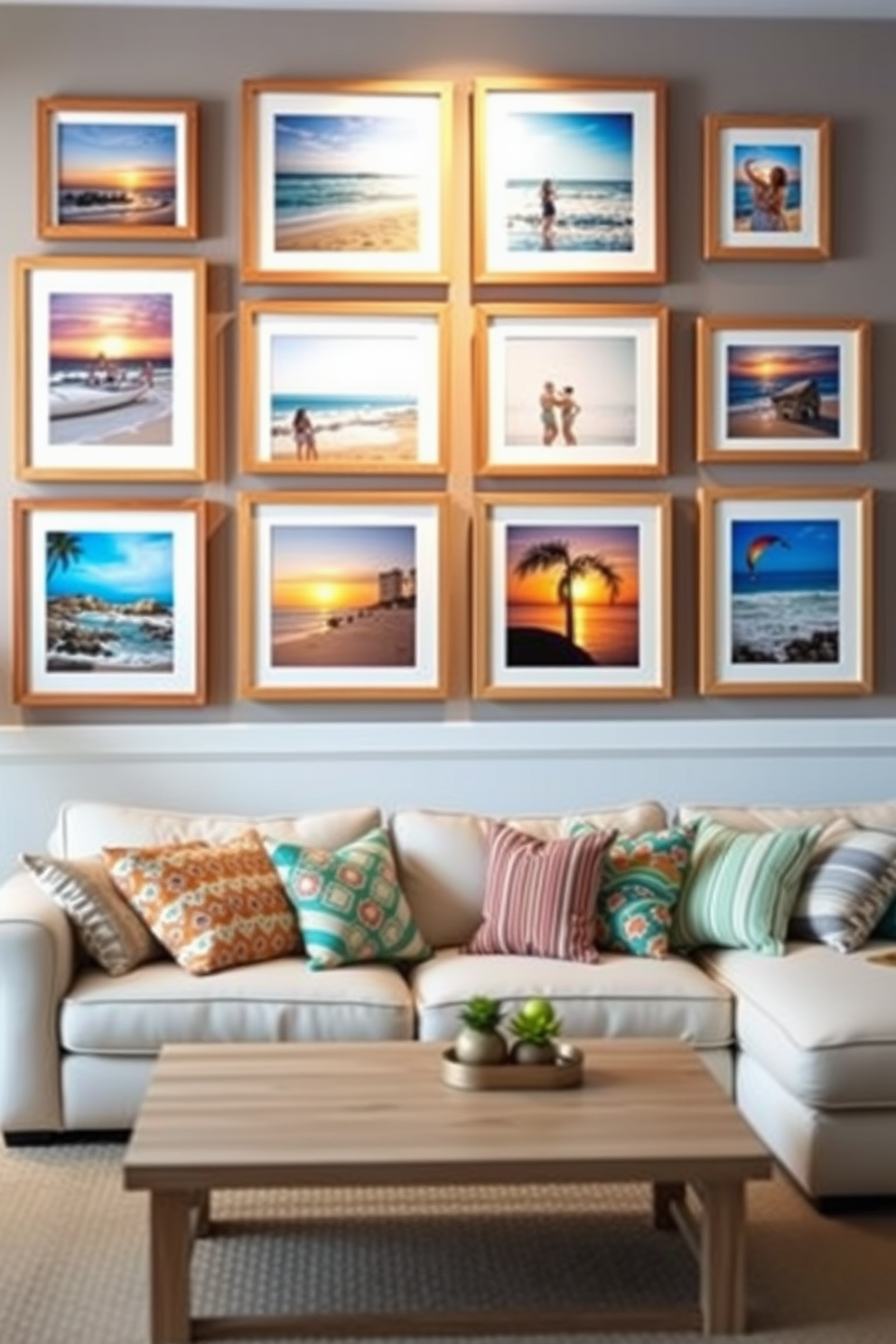 Create a gallery wall featuring a collection of vibrant summer photos. The wall is adorned with various frames in natural wood and white finishes, showcasing beach scenes, sunsets, and outdoor adventures. Design a cozy summer basement retreat. The space includes a comfortable sectional sofa with colorful throw pillows, a light wood coffee table, and soft ambient lighting to create a welcoming atmosphere.