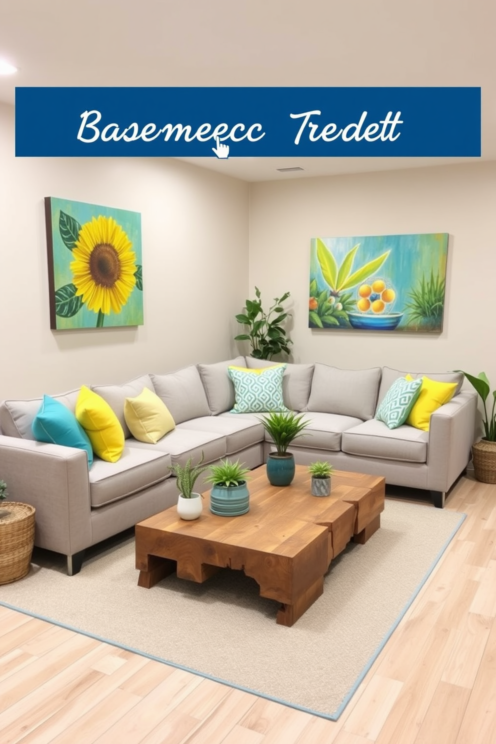 Create a summer-inspired basement retreat that features a neutral base with soft beige walls and light wood flooring. Incorporate pops of color through vibrant throw pillows, a bright area rug, and colorful artwork that energizes the space. Design a cozy seating area with a plush sectional sofa in a light gray tone, accented by cheerful yellow and teal cushions. Add a small coffee table made of reclaimed wood, surrounded by a few potted plants that bring a touch of nature indoors.