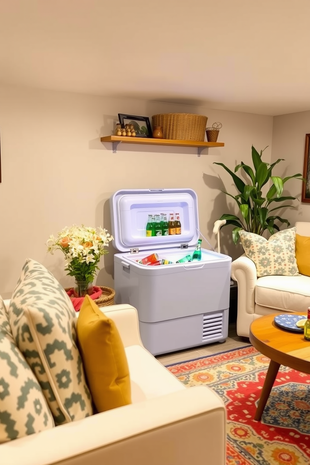 A cozy summer basement retreat featuring a vintage cooler filled with refreshing drinks. The space is adorned with light-colored furniture, soft throw pillows, and a vibrant area rug to create a welcoming atmosphere.