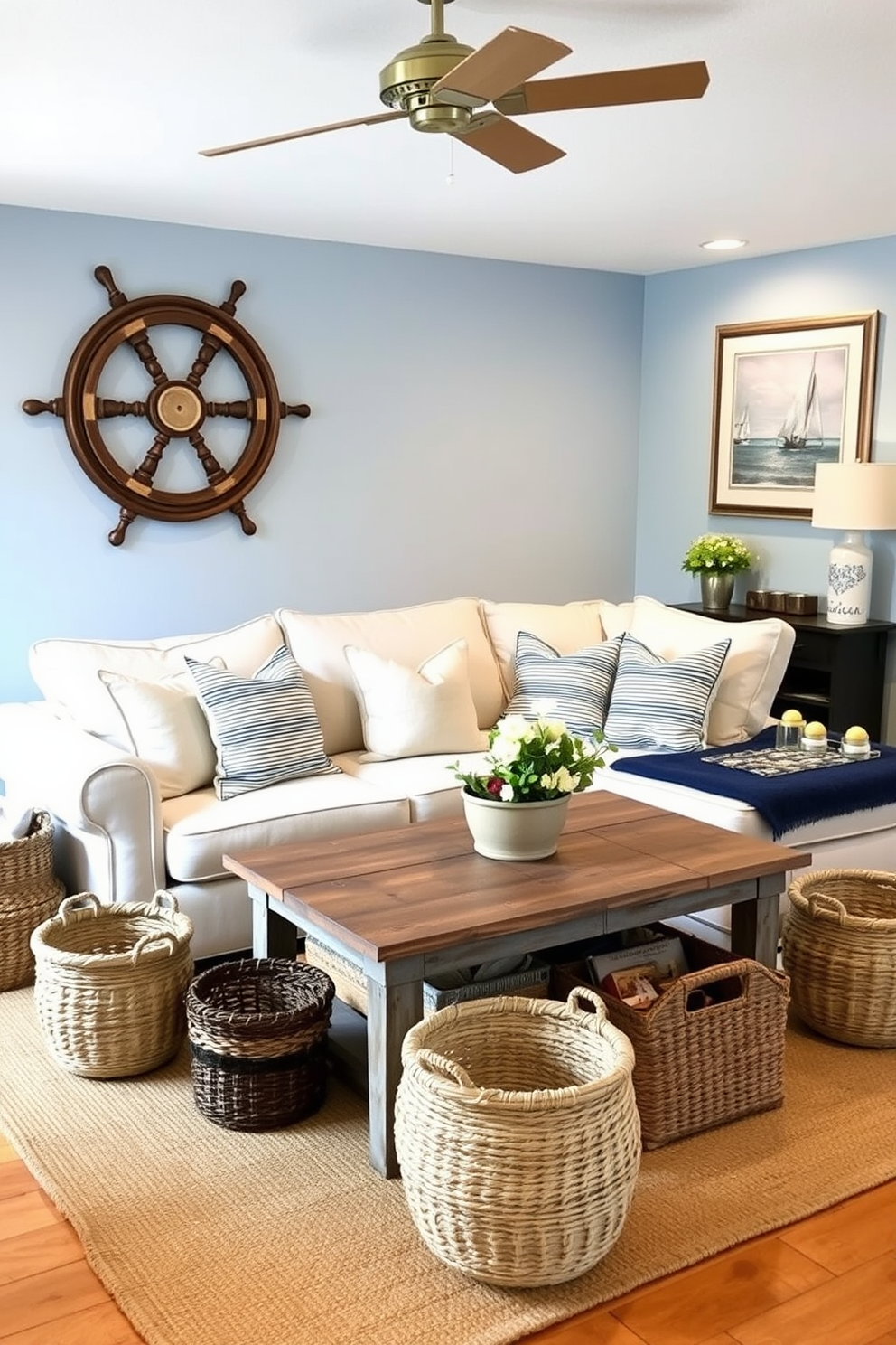 A cozy summer basement retreat featuring nautical elements. Soft blue walls evoke the sea, while a wooden ship wheel is mounted above a plush sectional sofa adorned with striped throw pillows. A weathered coffee table made from reclaimed wood sits in the center, surrounded by woven baskets for storage. Nautical-themed artwork and a jute rug complete the coastal ambiance, creating a relaxing space perfect for summer gatherings.