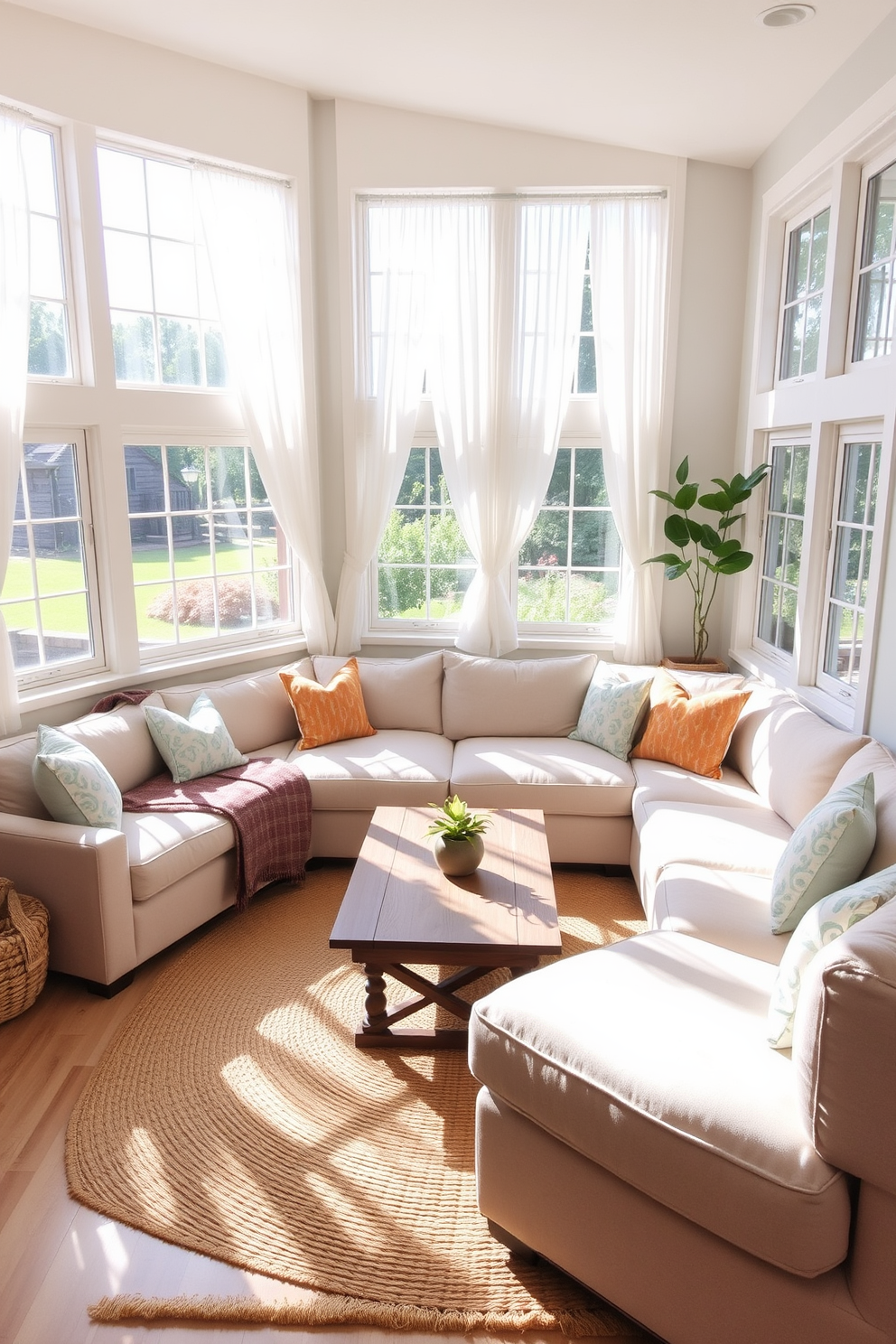 A cozy sunken seating area designed for a summer basement retreat. Plush sectional sofas in light beige are arranged around a low wooden coffee table, creating an inviting atmosphere for relaxation and conversation. Large windows allow natural light to flood the space, adorned with sheer white curtains that gently sway. The walls are painted in a soft pastel hue, complemented by vibrant throw pillows and a woven area rug that adds warmth to the floor.