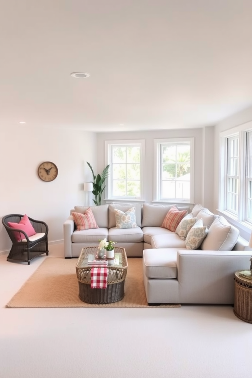 A bright and airy basement space designed for summer relaxation. The walls are painted in a soft white hue, complemented by light-colored furniture that enhances the open feel of the room. Large windows allow natural light to flood in, creating a warm and inviting atmosphere. A cozy seating area features a light gray sectional sofa adorned with colorful throw pillows, perfect for entertaining guests or enjoying family time.