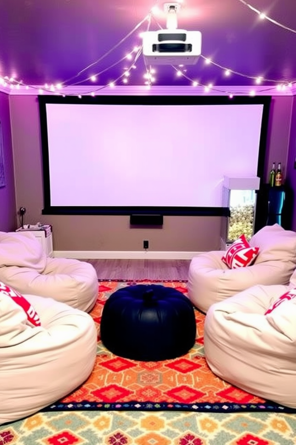 Create a cozy summer movie corner in the basement featuring a large projector screen mounted on the wall. Surround the screen with plush, oversized bean bags and a soft, colorful rug to enhance comfort and relaxation. Add decorative string lights along the ceiling to create a warm ambiance for movie nights. Incorporate a small popcorn machine and a mini-fridge stocked with drinks to complete the perfect summer entertainment space.