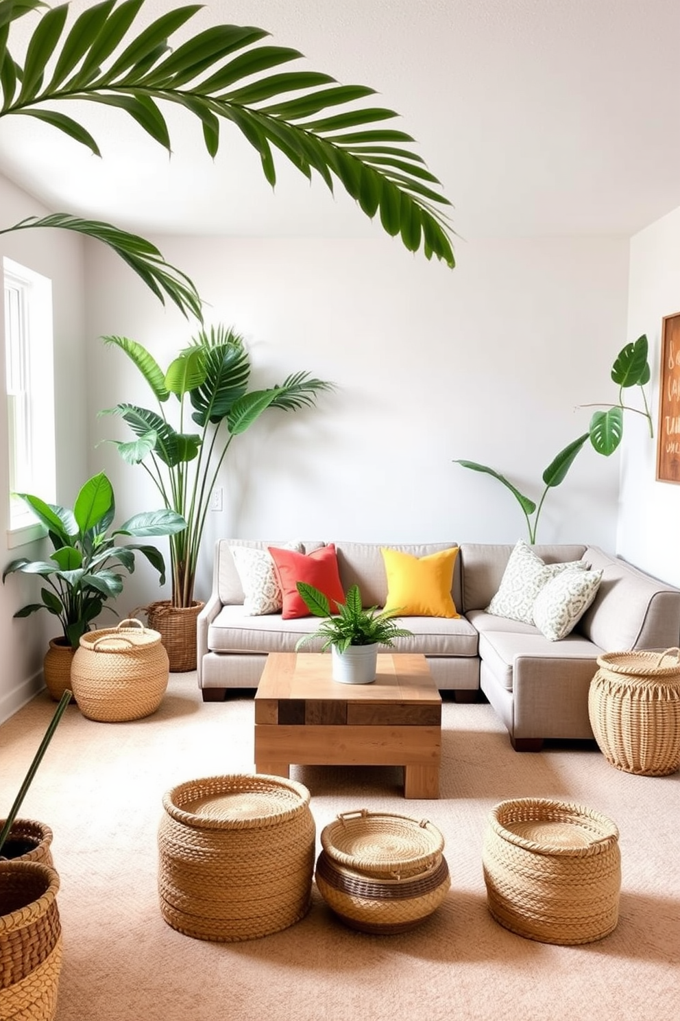 A cozy summer basement retreat featuring light-colored walls and a soft beige carpet. Lush tropical plants are strategically placed around the room, adding a touch of freshness and vibrancy to the space. The seating area includes a comfortable sectional sofa adorned with bright throw pillows. A small coffee table made of reclaimed wood sits in the center, surrounded by woven baskets for added storage and texture.