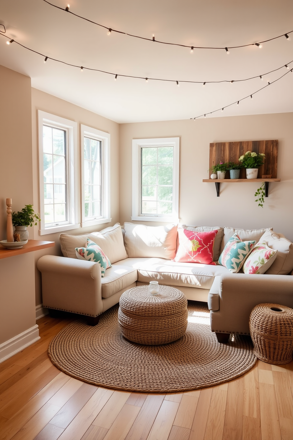 A cozy summer basement retreat featuring soft beige walls and a plush sectional sofa adorned with vibrant throw pillows. Natural light filters through large windows, and a small indoor herb garden sits on a reclaimed wood shelf, adding a touch of freshness to the space. The flooring is a light oak, complemented by a woven area rug that defines the lounging area. Decorative string lights hang overhead, creating a warm and inviting atmosphere perfect for relaxation and gatherings.