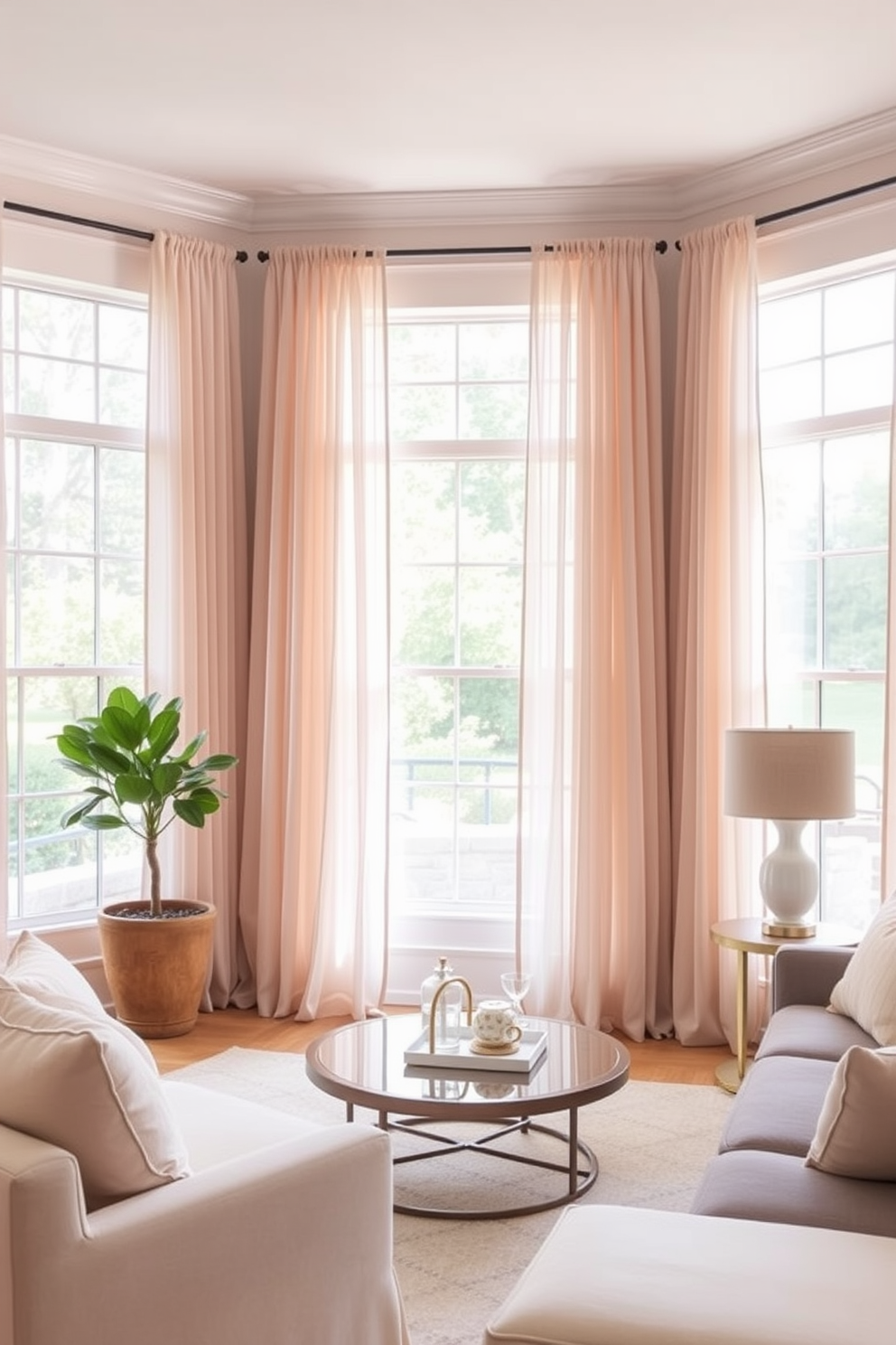 Lightweight sheer curtains drape gracefully over large basement windows, allowing soft natural light to filter in and create an airy atmosphere. The walls are painted in a soft pastel hue, and cozy seating is arranged around a stylish coffee table, making the space inviting for summer gatherings.