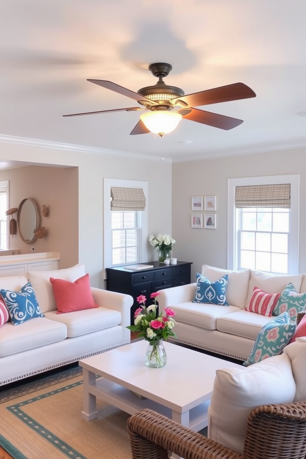 A cozy summer basement retreat featuring a stylish ceiling fan to enhance airflow. The space is adorned with light-colored furniture, soft textures, and vibrant accent pillows for a refreshing atmosphere.