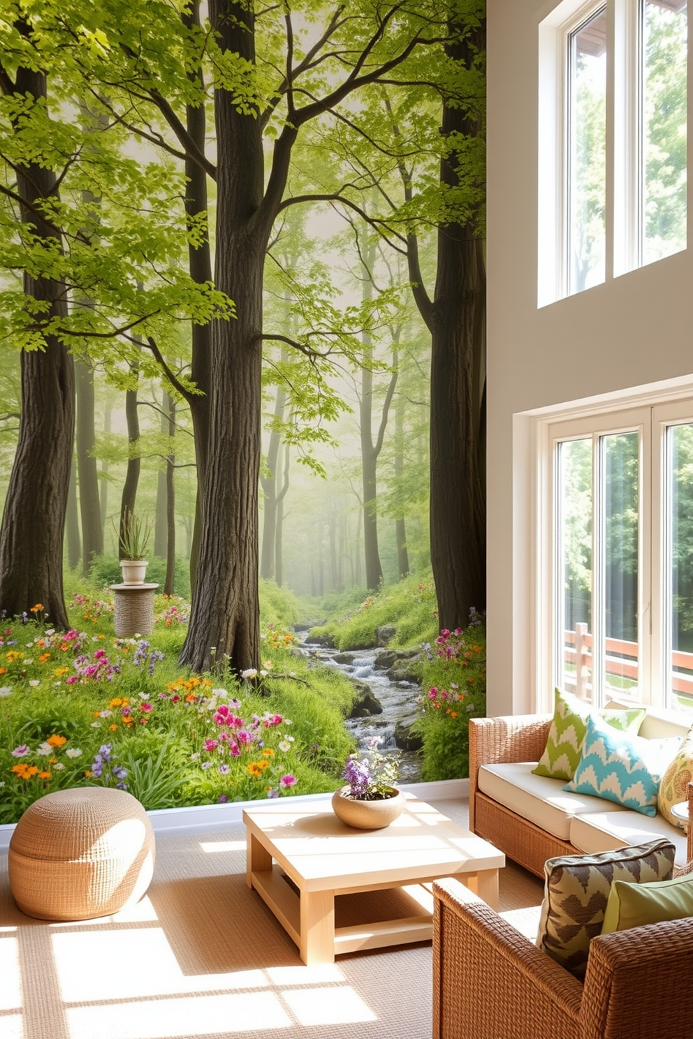 Create an outdoor-themed mural that captures the essence of a serene forest scene. The mural features tall trees with lush green leaves, vibrant wildflowers in various colors, and a gentle stream flowing through the landscape. For summer basement decorating ideas, envision a bright and airy space filled with light colors and natural textures. Incorporate comfortable seating with colorful cushions, a light wooden coffee table, and large windows that allow sunlight to flood in.