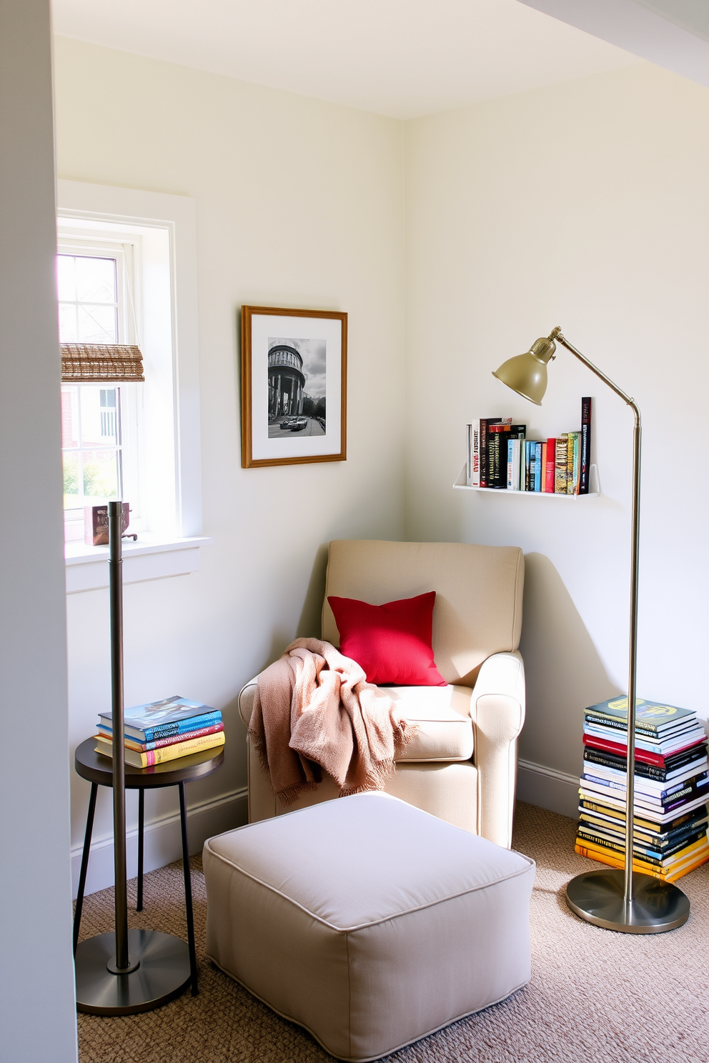 A cozy reading nook is nestled in a sunlit corner of the basement. It features a plush armchair upholstered in soft fabric, accompanied by a small side table and a stack of colorful books. The walls are painted in a light pastel shade, creating an inviting atmosphere. A warm throw blanket is draped over the armchair, and a stylish floor lamp provides soft lighting for evening reading.