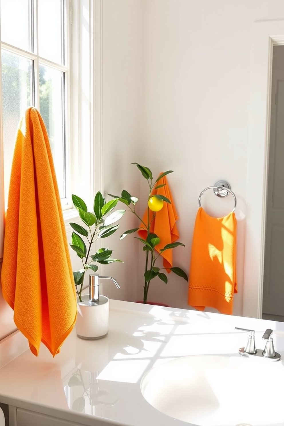 A bright and cheerful bathroom featuring citrus colored towels adds a refreshing touch to the decor. The walls are painted in a soft white, allowing the vibrant towels to stand out against the clean backdrop. Sunlight streams in through a large window, illuminating the space and enhancing the summery vibe. A small potted plant sits on the countertop next to a stylish soap dispenser, completing the bright and inviting atmosphere.