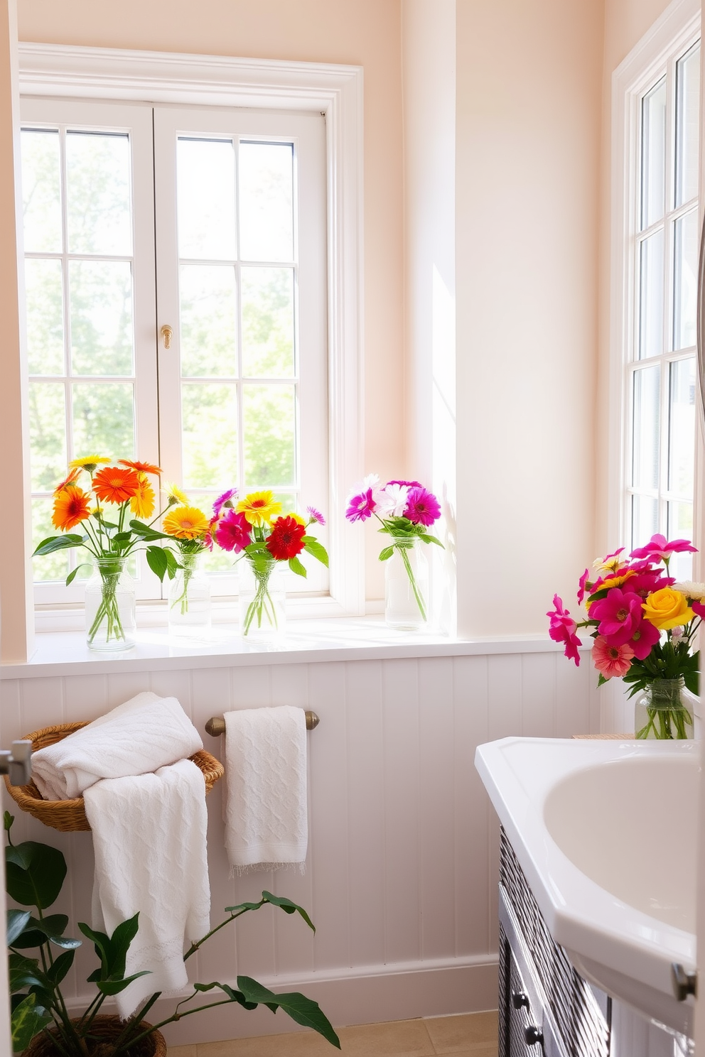 A bright and airy summer bathroom filled with natural light. Fresh flowers in colorful vases adorn the windowsill and countertop, adding a vibrant touch to the space. The walls are painted in a soft pastel hue, creating a serene backdrop. A woven basket holds fluffy towels, and a potted plant sits in the corner, enhancing the fresh and inviting atmosphere.