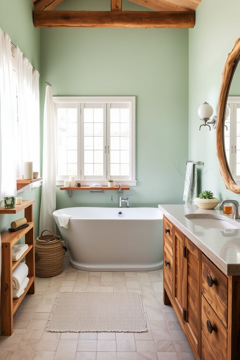 A serene summer bathroom setting featuring driftwood accents throughout the space. The walls are painted in a soft seafoam green, complemented by natural light filtering through sheer white curtains. A freestanding bathtub made of smooth porcelain sits in the center, surrounded by small driftwood shelves displaying candles and succulents. The vanity is crafted from reclaimed wood, topped with a light-colored stone surface, and adorned with a large round mirror framed in driftwood.