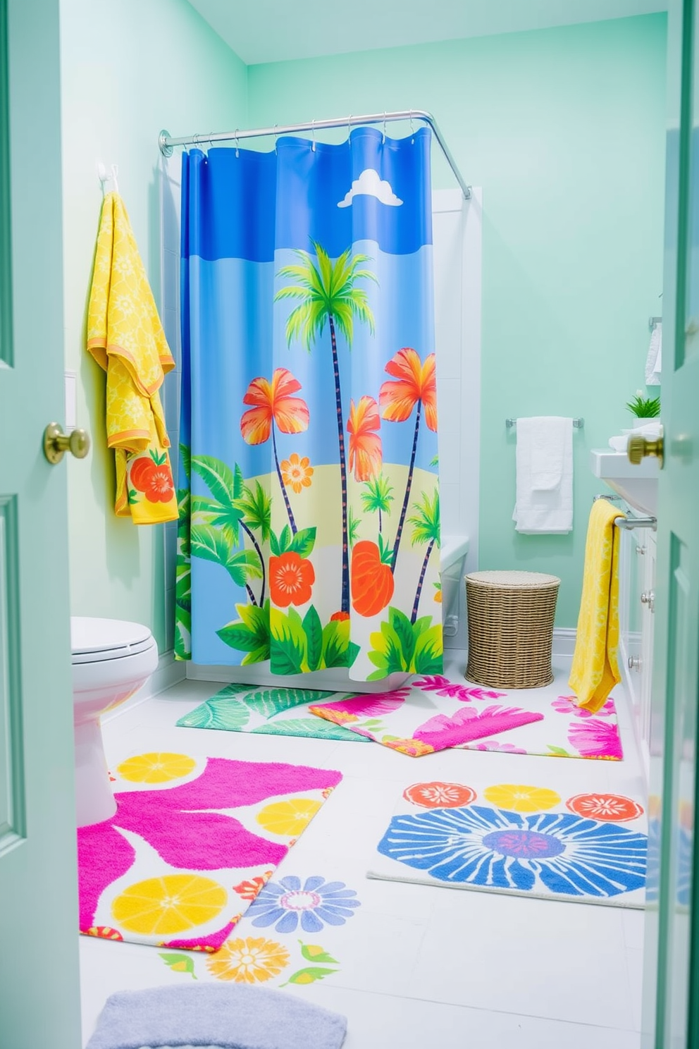 A bright and cheerful bathroom setting. The floor is adorned with vibrant patterned bath mats that add a pop of color to the space. The walls are painted in a soft pastel hue, creating a light and airy atmosphere. Tropical-themed accessories, such as a shower curtain and towels, enhance the summer vibe.