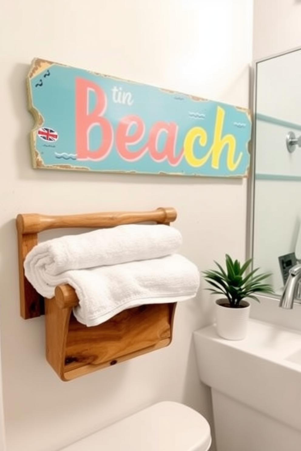 A vintage beach sign hangs on the wall, adding a playful touch to the summer bathroom decor. The sign features bright colors and whimsical typography, perfectly complementing the coastal theme of the space. Soft pastel towels are neatly arranged on a wooden rack, enhancing the relaxed beach vibe. A small potted plant sits on the countertop, bringing a touch of nature into the bathroom.