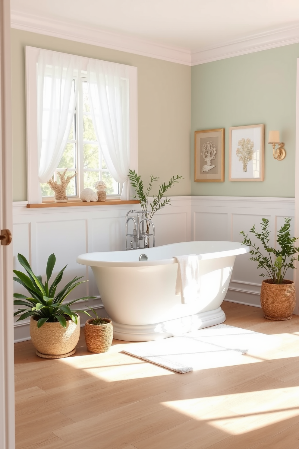 A serene summer bathroom setting inspired by coastal aesthetics. The walls are painted in soft shades of seafoam green and sandy beige, complemented by white wainscoting. Natural light floods the space through a large window adorned with sheer white curtains. Accessories like coral-themed artwork and seashell decorations enhance the beachy vibe. A freestanding bathtub sits in the center, surrounded by potted plants that bring a touch of nature indoors. The floor features light oak planks, adding warmth and a casual feel to the design.