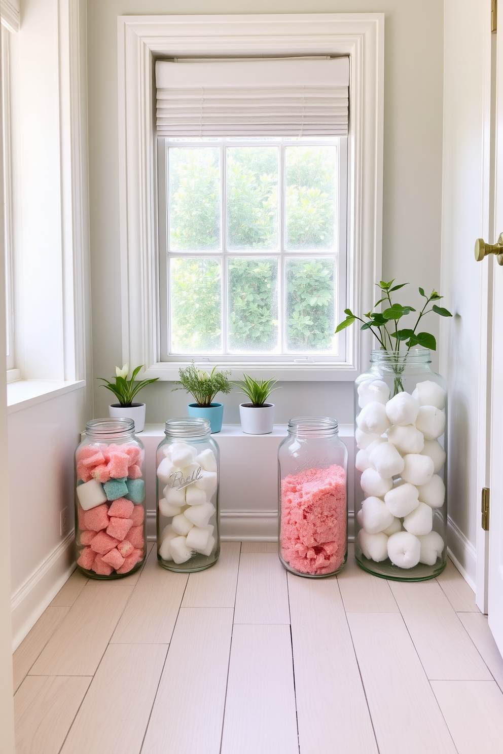 A bright and airy summer bathroom featuring glass jars for storage. The jars are filled with colorful bath salts and cotton balls, adding a playful touch to the decor. The walls are painted in a soft pastel shade, while the floor is adorned with light wooden tiles. Fresh greenery in small pots sits on the windowsill, enhancing the vibrant summer vibe.