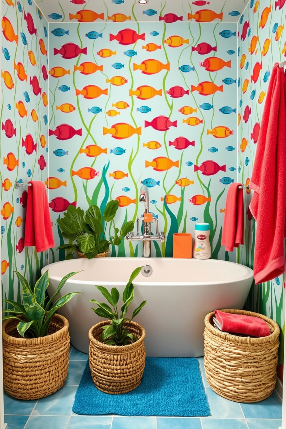 A vibrant summer bathroom filled with playful fish motifs. The walls are adorned with cheerful wallpaper featuring colorful fish swimming among seaweed, creating a lively underwater ambiance. A sleek white bathtub is positioned in the center, surrounded by tropical plants in woven baskets. Brightly colored towels and accessories in shades of coral and turquoise complement the theme, adding a fun and refreshing touch.