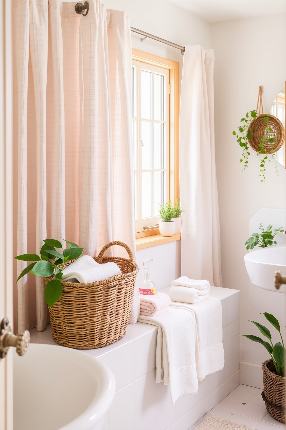 Choose lightweight linen fabric for curtains. Incorporate soft pastel colors and natural textures to create a refreshing summer vibe in your bathroom. Add a woven basket for storage and display fresh towels. Use potted plants to bring in a touch of nature and enhance the airy atmosphere.