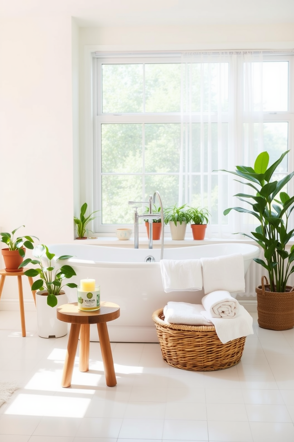 A bright and airy bathroom filled with natural light. The centerpiece is a freestanding bathtub adorned with a summery scented candle on a small wooden stool beside it. Fresh white towels are neatly arranged on a woven basket, while potted plants add a touch of greenery to the space. The walls are painted in soft pastel colors, and a large window with sheer curtains allows for a gentle breeze.