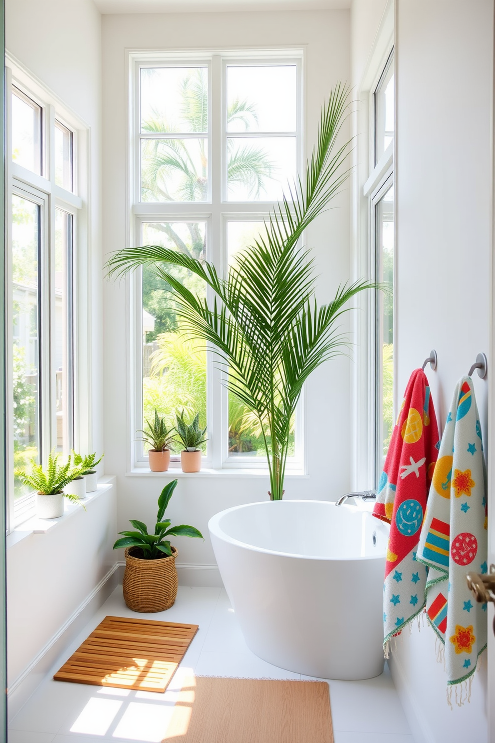 A bright and airy summer bathroom featuring large windows that allow natural light to flood the space. Tropical plant accents are placed strategically around the room, including a tall palm in the corner and smaller potted ferns on the windowsill. The walls are painted in a soft white to create a fresh and clean backdrop. A wooden shower mat and colorful beach-themed towels add a playful touch, enhancing the summer vibe of the bathroom.