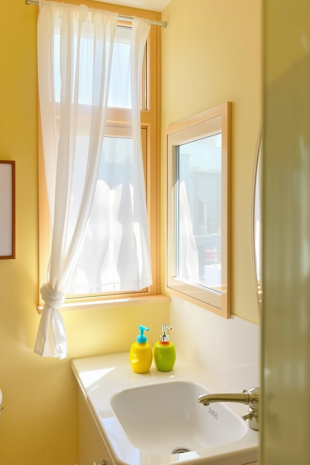 A bright and airy bathroom filled with summer vibes. The space features a large window allowing natural light to flood in, with white sheer curtains fluttering gently in the breeze. The walls are painted in a soft pastel yellow, creating a cheerful atmosphere. Bright ceramic soap dispensers in vibrant colors are placed on the sink, adding a playful touch to the decor.