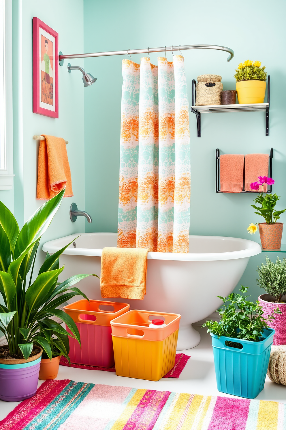 A vibrant summer bathroom setting featuring colorful bath accessories. The space is adorned with bright towels, a cheerful shower curtain, and decorative storage bins in various hues. The walls are painted in a light pastel shade, creating a fresh and airy feel. Potted plants and a colorful rug add a touch of nature and warmth to the overall design.