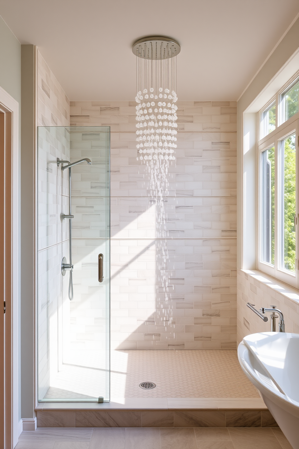 A luxurious summer bathroom features a spacious walk-in shower with a stunning rainfall showerhead that creates a spa-like experience. The walls are adorned with light, airy tiles in soft pastel colors, while natural light floods the space through large windows, enhancing the serene atmosphere.